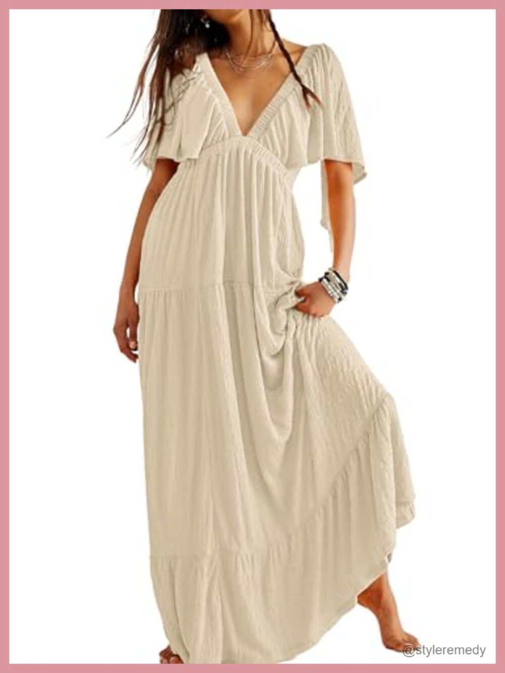 Women's V-Neck Maxi Dress Flutter Sleeve Backless Tiered Ruffle Flowy